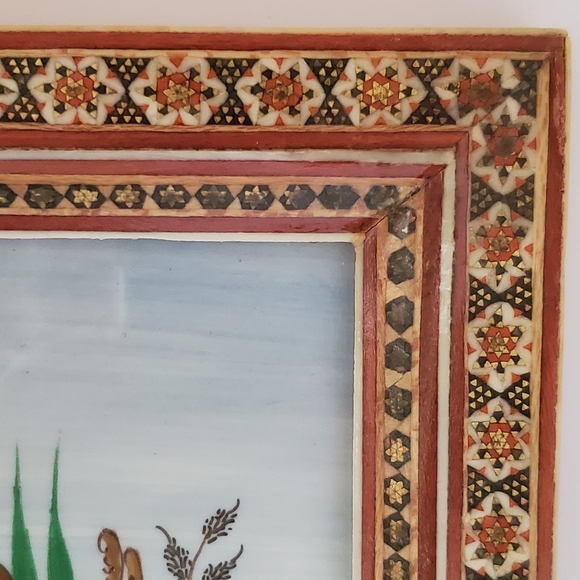 Vintage Iranian Persian Painting Hunting Scene Musicians Khatam Marquetry Frame - Picture 6 of 13